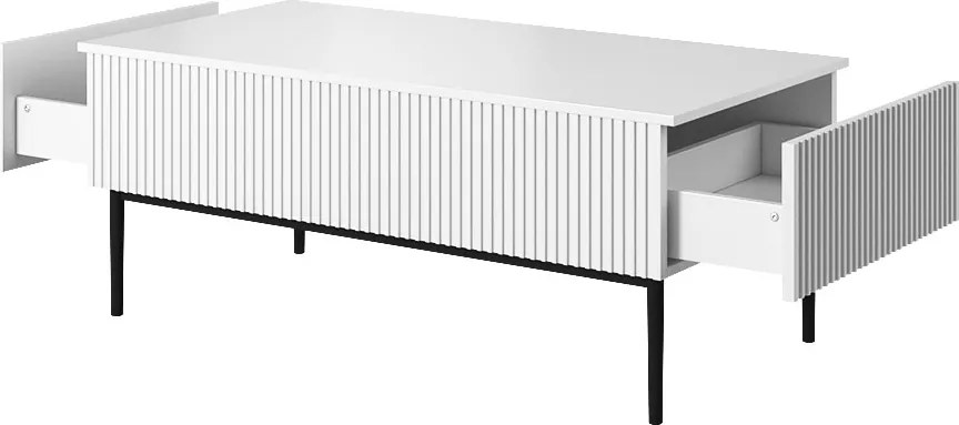 Stolik kawowy Nicole 120 cm z szufladami i metalowymi nogami - biały mat / czarne nóżki