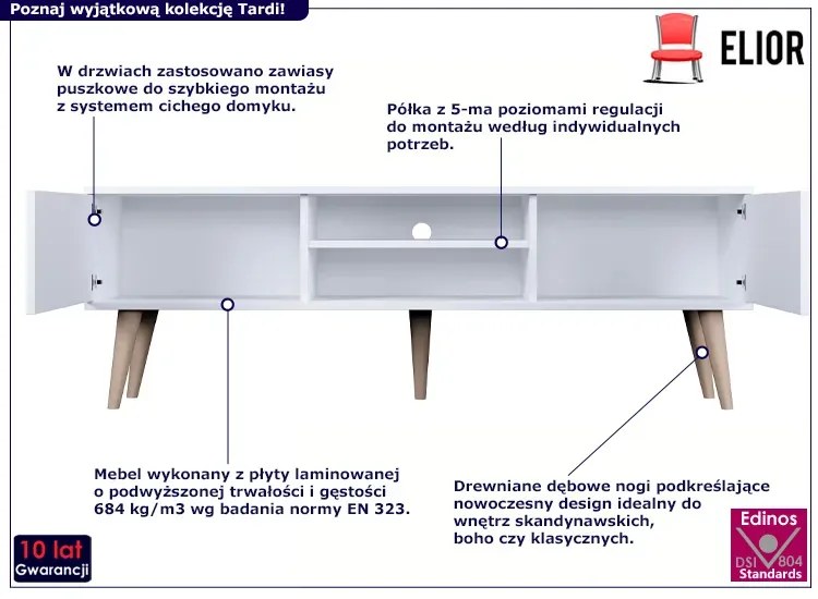 Biała szafka RTV na nóżkach - Tardi 5X 160 cm