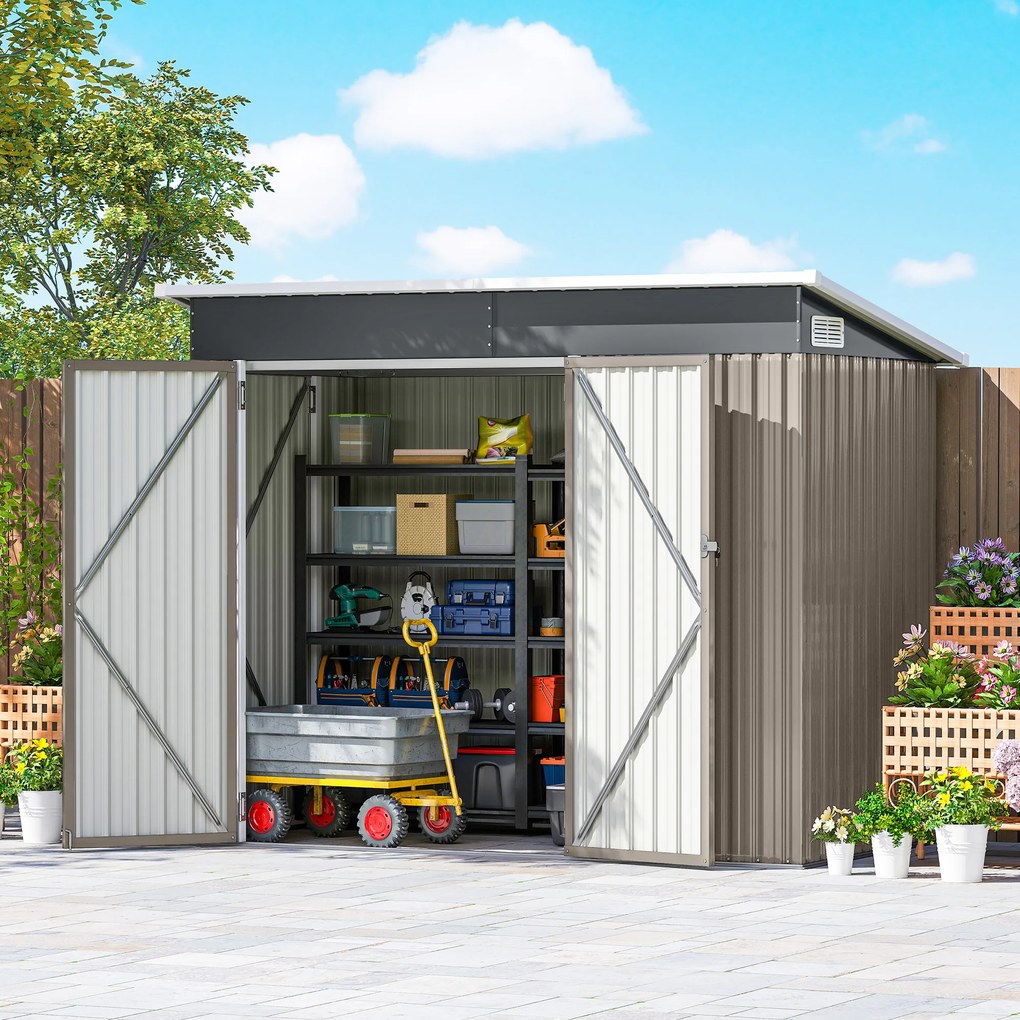 Outsunny Metalowy domek narzędziowy 2,68 m², zamykany schowek z 3 drzwiami, wentylacja, dach jednospadowy, rękawice | Aosom PL