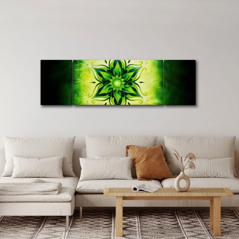 Obraz - Kwiatowa mandala na zielonym tle (170x50 cm)