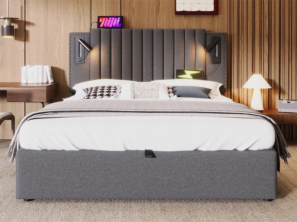Łóżko z pojemnikiem 180x200cm z tkaniny bawełnianej - z lampkami do czytania i portami ładowania USB - z stelażem na listwach - Szare