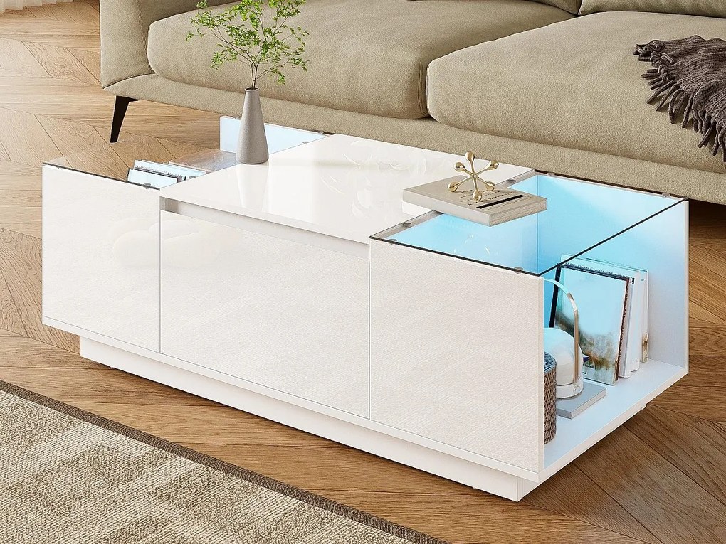 Nowoczesna stolik kawowy 105×50×35 cm - szklany blat - z oświetleniem LED - 2 szuflady - otwarte półki - biały