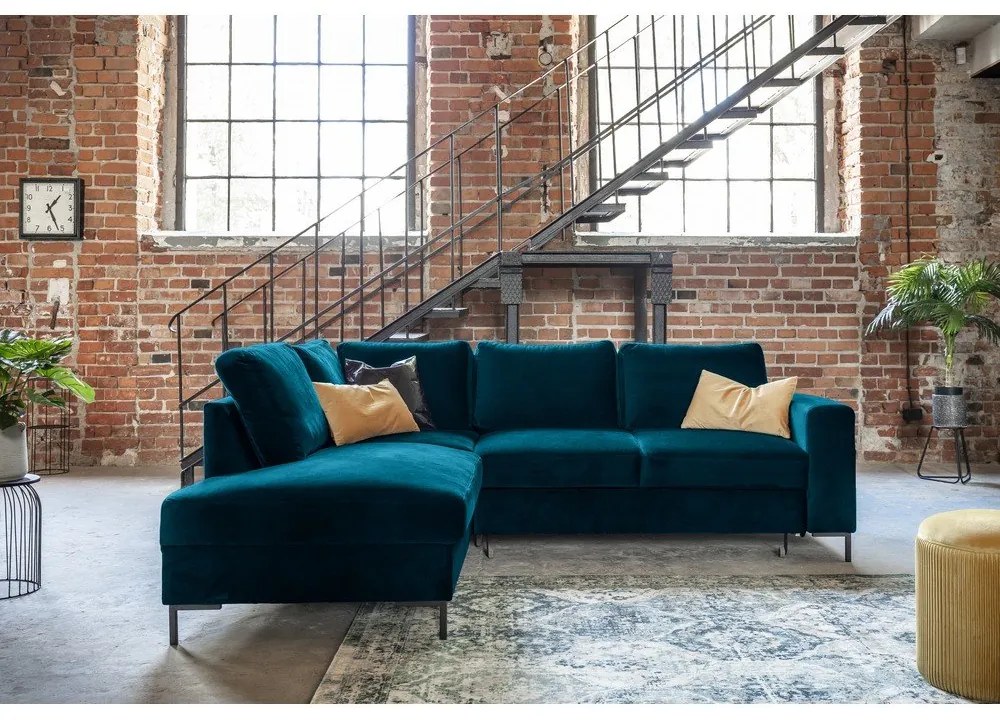 Turkusowy aksamitny rozkładany narożnik (lewostronny) Lofty Lilly – Miuform