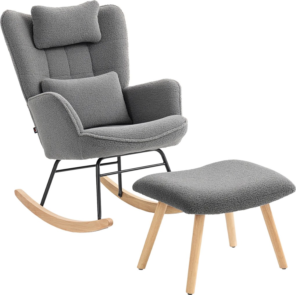 HOMCOM Fotel bujany z podnóżkiem, miękkie pokrycie polarowe, drewniane nogi, poduszka, wysokie oparcie, fotel bujany, ciemnoszary