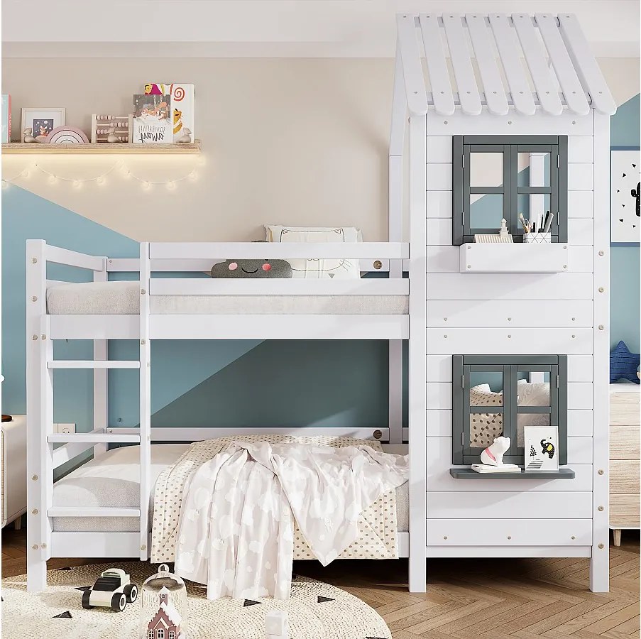 Łóżko piętrowe dwuosobowe - 2 x 90 x 200 cm - ze schodami, oknem i stelażem - drewno + MDF - białe