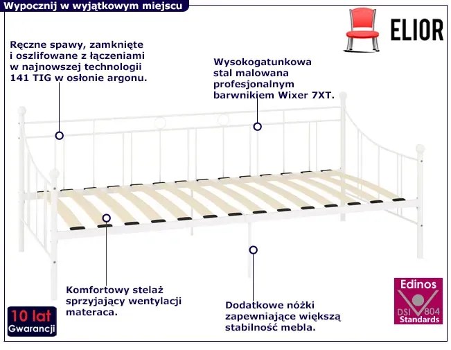 Metalowe białe łóżko jednoosobowe 90x200 cm Deron 2X