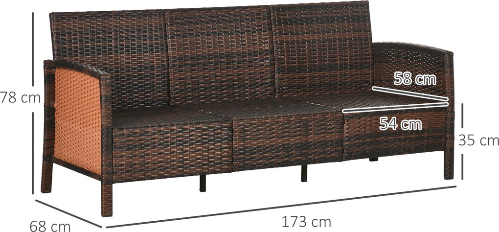 Outsunny Rattanowa sofa ogrodowa 3-osobowa do ogrodu z poduszkami stal kolor brązowy