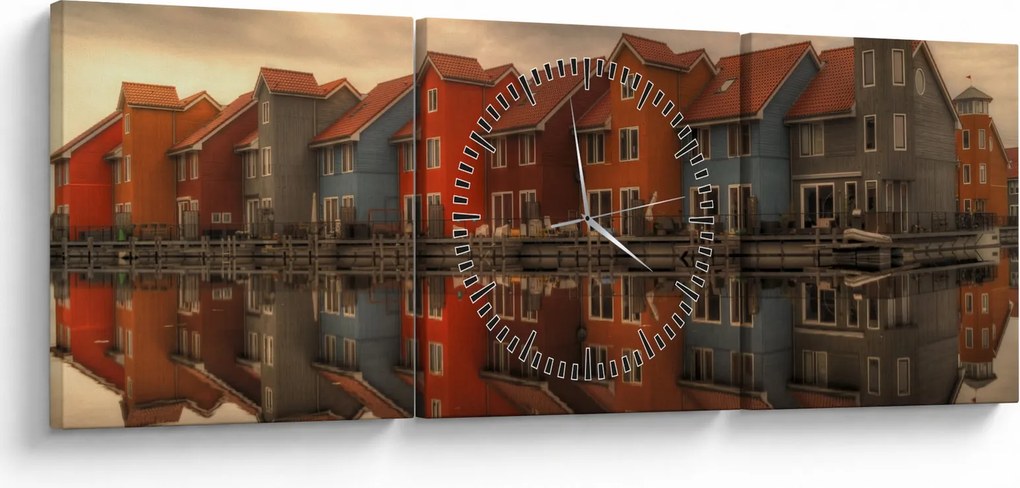 Obraz kolorowych domów (z zegarem) (90x30 cm)