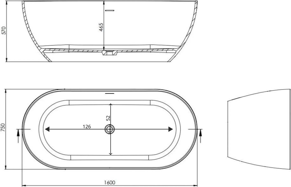 Wanna wolnostojąca owalna z konglomeratu 160 x 75 cm RONA White mat / połysk przelew typu SLIM cienki rant : Kolor wanny - Biały matowy