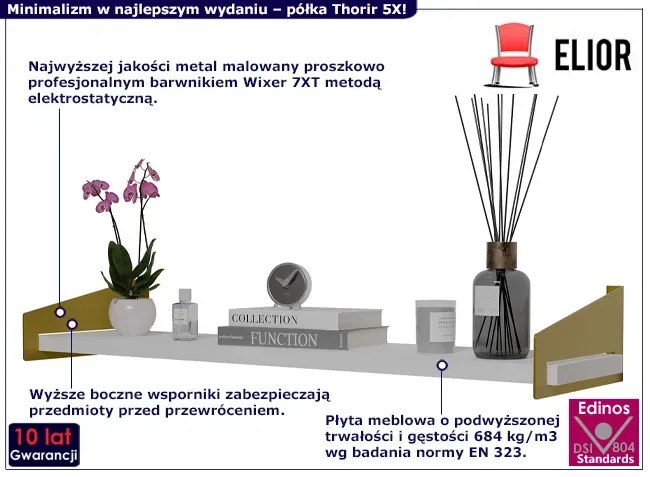 Wisząca półka z metalowymi wspornikami złoty + biały Zemsi