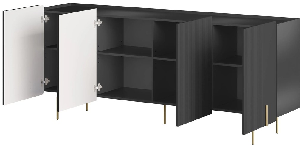Komoda Malmi 200 cm czterodrzwiowa - czarny mat / złote nóżki