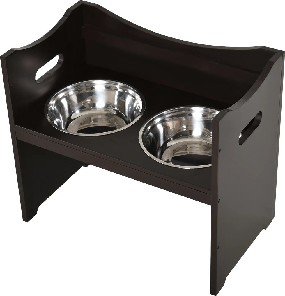PawHut Miska dla Psów Regulowana Wysokość Stal Nierdzewna MDF Ciemnobrązowy 54x315x47 | Aosom PL