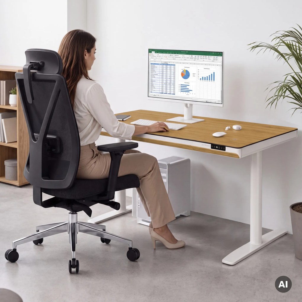 Biurko elektryczne sit-stand z szufladą i ładowarką bezprzewodową Qi białe/złoty dąb, 1400 mm: ELLIS