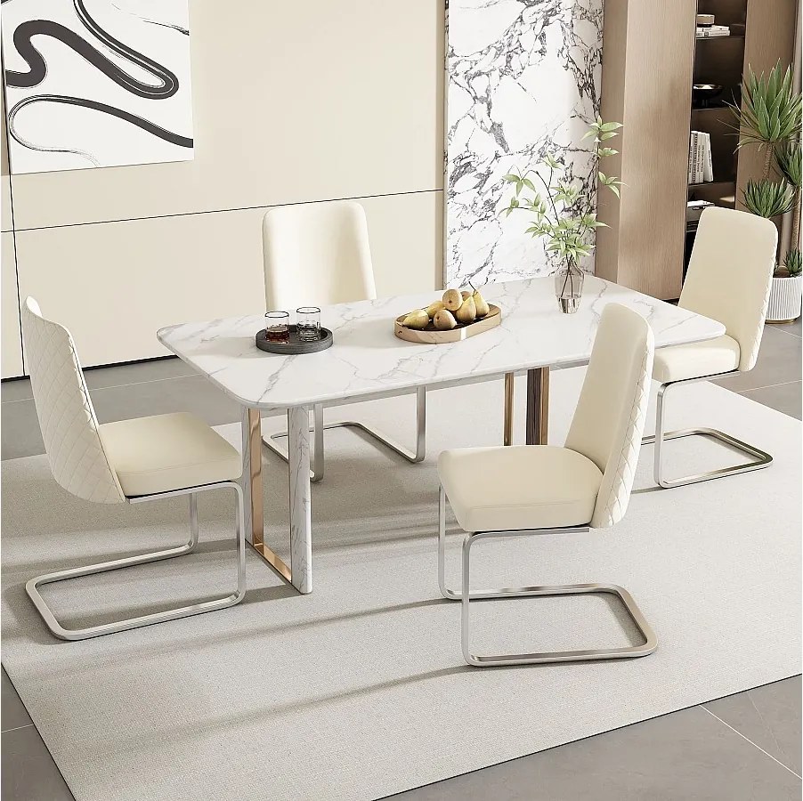 Zestaw 4 krzeseł do jadalni, beżowy aksamit, krzesło z tapicerowanym oparciem, srebrne nogi