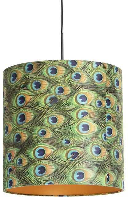 Lampa wisząca z abażurem z aksamitu w kolorze pawia ze złotem 40 cm - Combi klasyczny/Antyczny Oswietlenie wewnetrzne