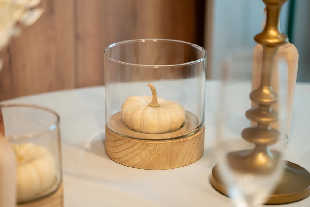 Komplet świeczników ze szkła Ete z drewnianymi podstawkami, 3 sztuki