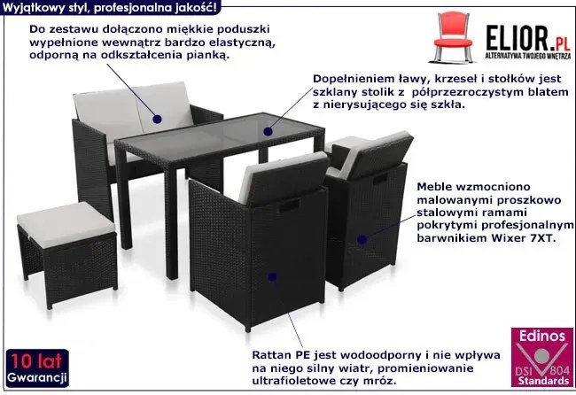 Czarny zestaw mebli ogrodowych z poduszkami – Charlene