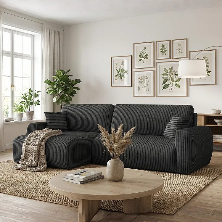 Stylowy narożnik rozkładany lewostronny  ARIEL L 246x150x87 cm w tkaninie Velo 19 czarnej