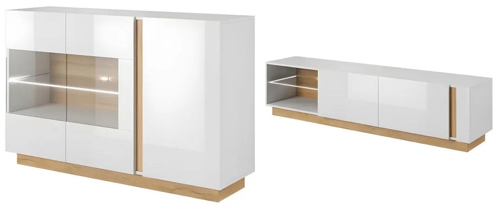 Zestaw komoda i szafka RTV biały z połyskiem i naturalny - Rozświetlony zestaw MURARI