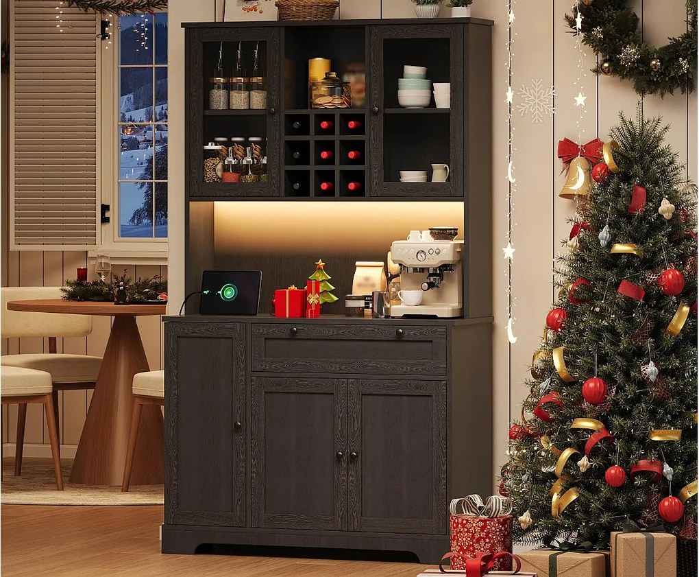 Nowoczesny kredens kuchenny 100x40x180cm - z gniazdkiem i LED - z 1 szufladą i 5 drzwiami - z półką na przyprawy - Czarny