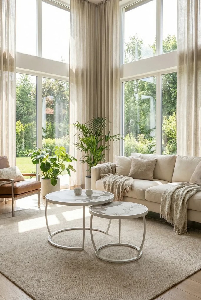 Zestaw okrągłych stolików kawowych beżowy marmur K6-D56