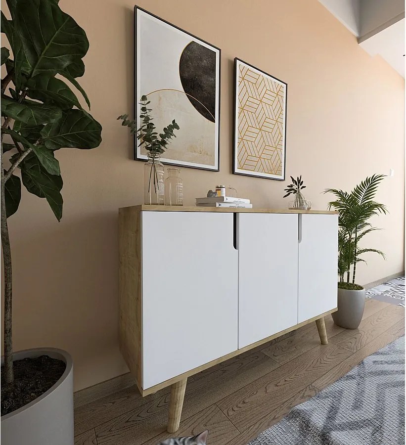 Komoda – 120 cm – Dąb szafirowy i biały – Płyta wiórowa pokryta melaminą