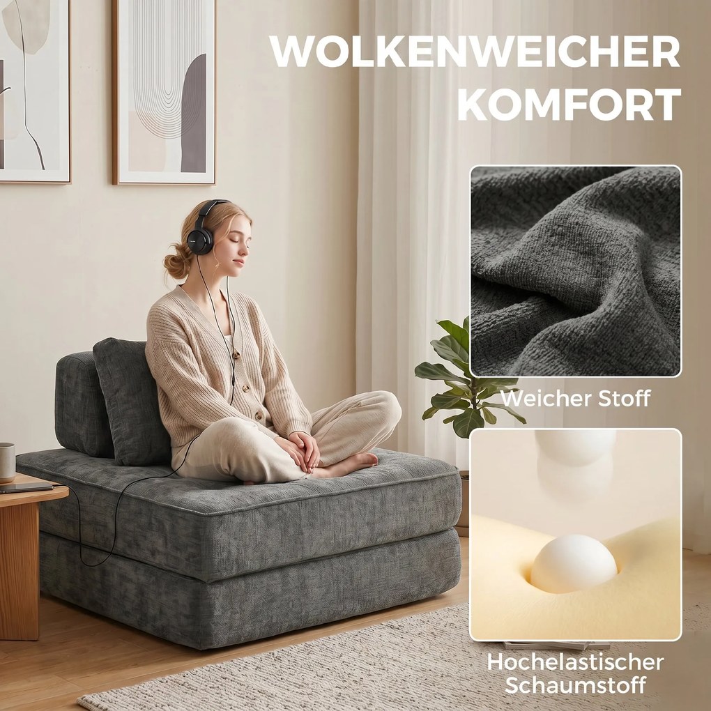 HOMCOM składany fotel podłogowy 2w1 sofa podłogowa składany materac z funkcją spania Chenille z poduszką do 220 kg szary | Aosom PL