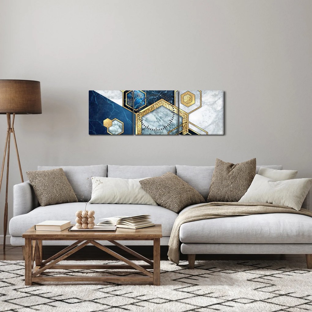 Obraz - Marmurowe sześciokąty (z zegarem) (90x30 cm)