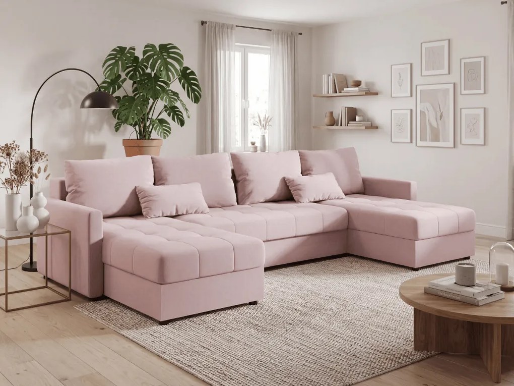 Rozkładana sofa narożna w kształcie U VENORIA 285x146 cm, pudroworóżowa + 2 poduszki GRATIS