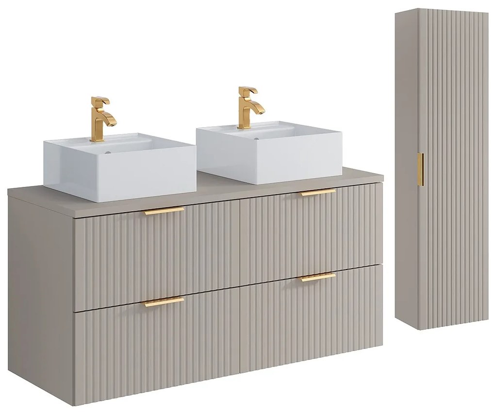 Wisząca szafka łazienkowa z prążkowaną fakturą, z kwadratową umywalką nablatową i słupkiem – kolor beżowy – 120 cm – ZEVARA