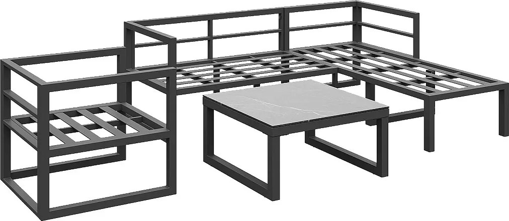 Zestaw mebli ogrodowych modułowych 2-osobowych z ocynkowanego żelaza: 2 sofy 2-osobowe + 1 fotel - 1 stolik kawowy - Szary