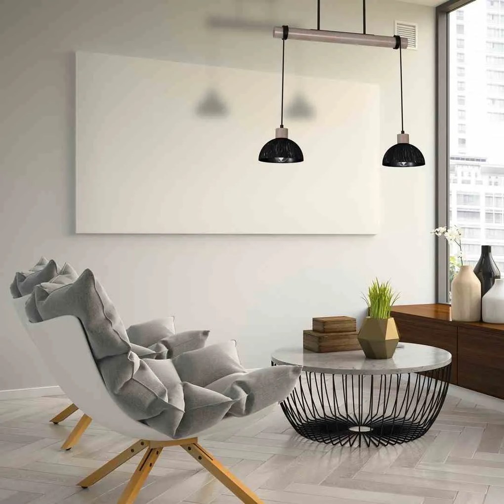 Lampa wisząca czarna, podwójna, drewno, ERIK Sawn black/Patinated wood 2XE27