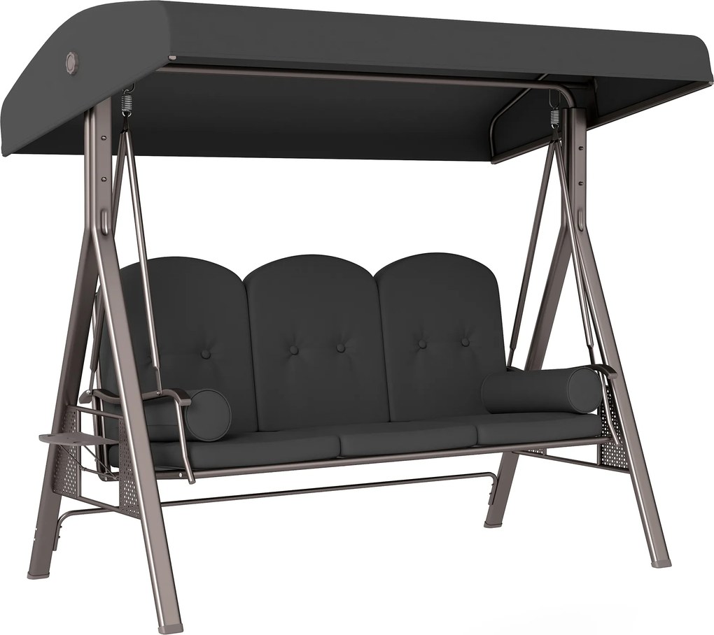 Outsunny Huśtawka Hollywood 3-osobowa huśtawka ogrodowa z daszkiem, półką, poduszką do 360kg Ciemnoszary | Aosom PL