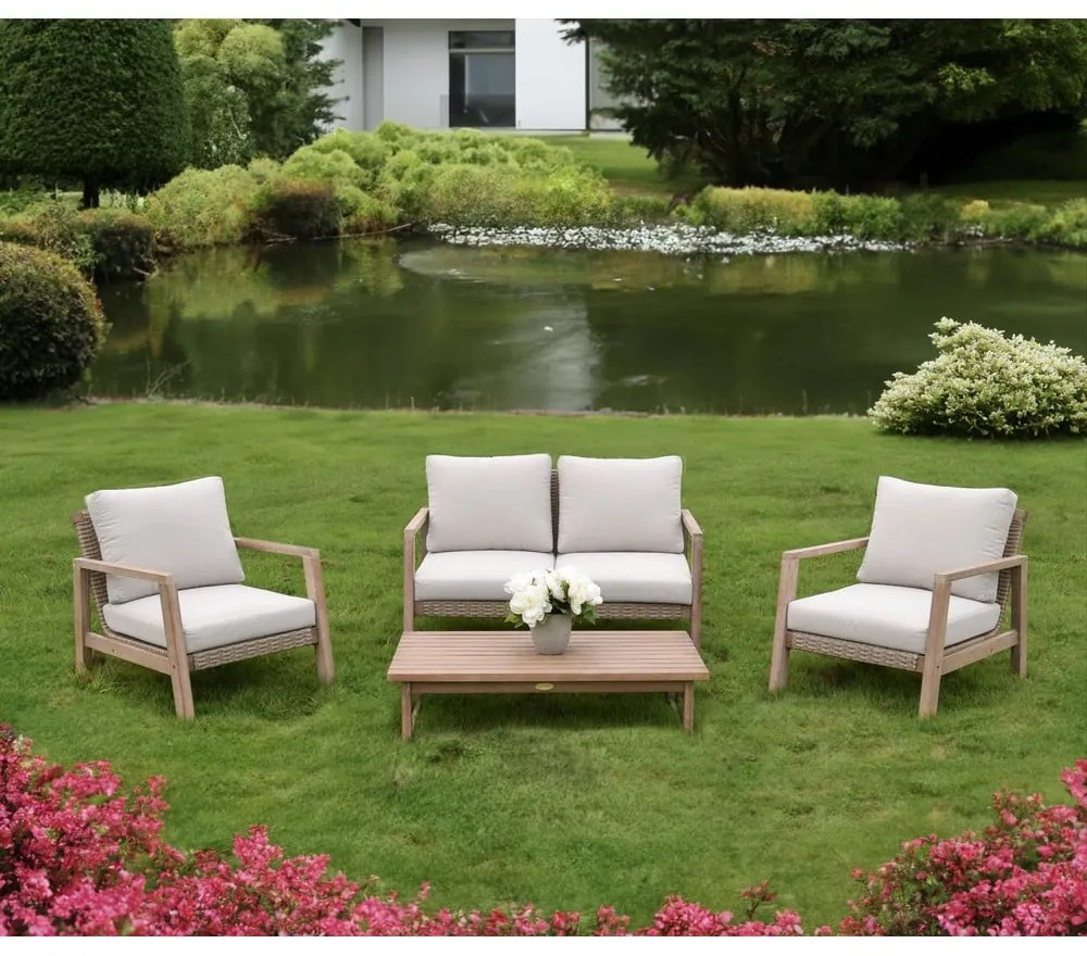 Beżowy zestaw mebli ogrodowych z litego drewna eukaliptusowego dla 4 osób San Mateo – Garden Pleasure