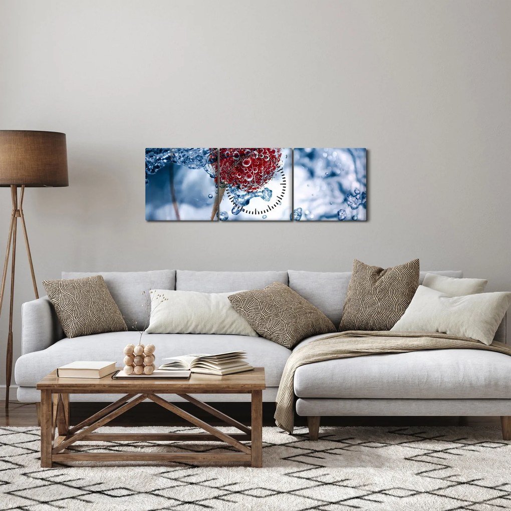 Obraz - szczegół maliny w wodzie (z zegarem) (90x30 cm)