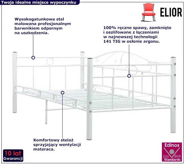 Białe metalowe łóżko pojedyncze 90x200 cm - Korello