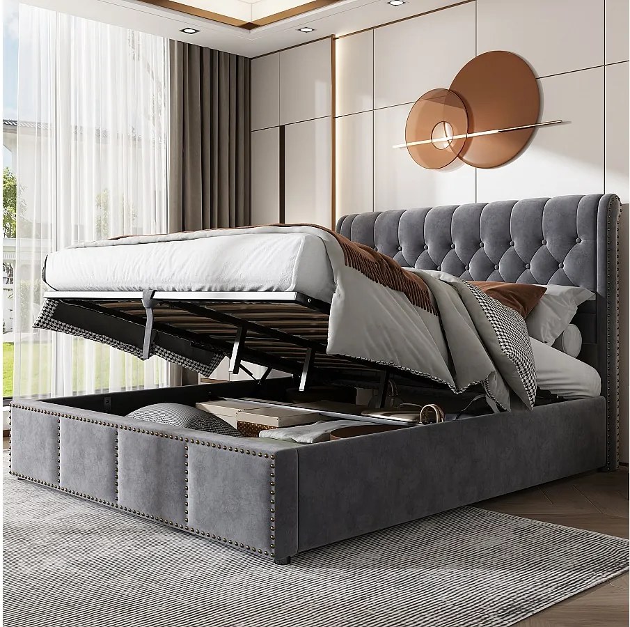 Łóżko z pojemnikiem 160 x 200 cm - Tapicerowany zagłówek z ćwiekami - Szary aksamit - Materac nie jest wliczony w cenę