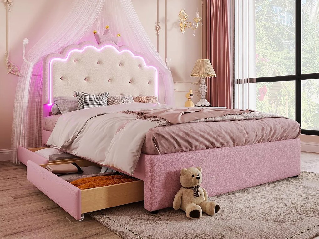 Łóżko tapicerowane 140x200cm w skórze ekologicznej - z LED + 2 szuflady i łóżko wysuwane 90x190cm - Różowe