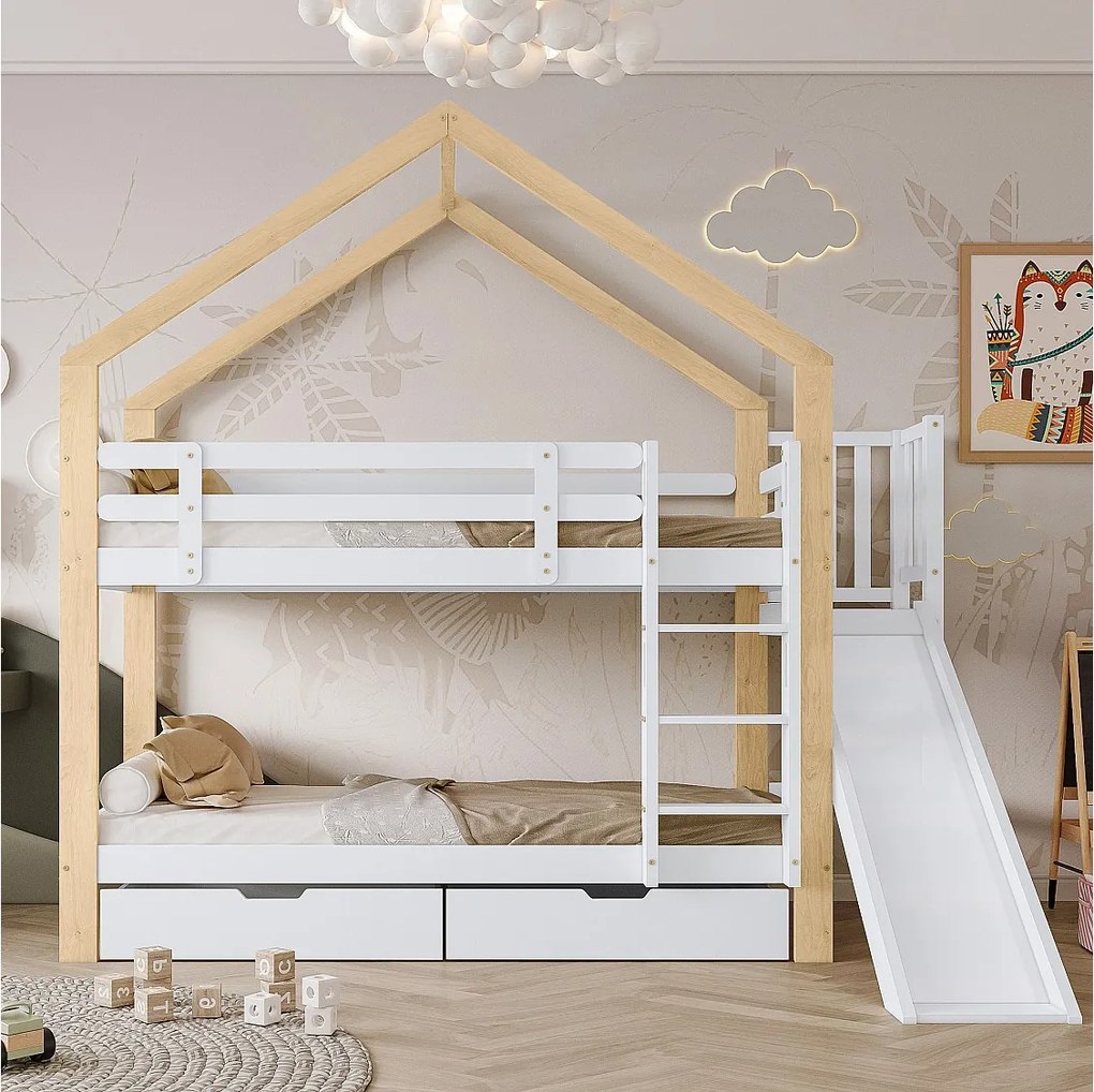 Łóżko piętrowe z pojemnikiem - 2 x 90 x 200 cm - drabinka, zjeżdżalnia i stelaż z listew - naturalny i biały