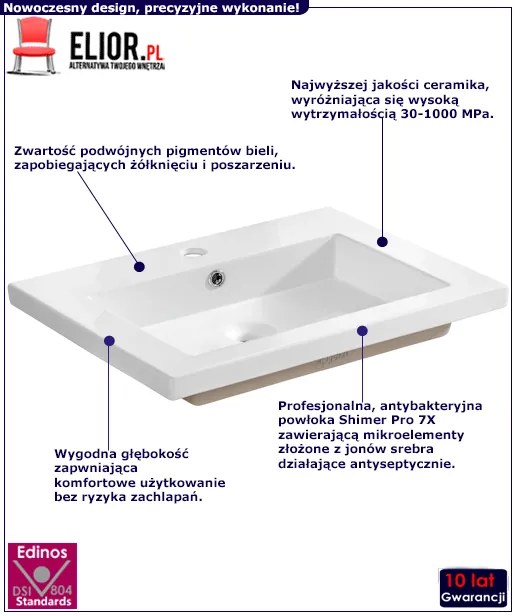 Prostokątna umywalka ceramiczna Defires 60 CM - Biała
