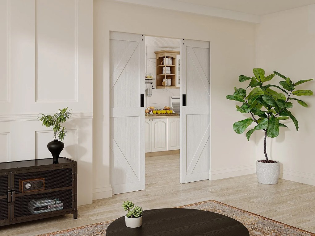 Drzwi przesuwne podwójne chowane w ścianie z drewna i MDF - biały - 2 x wys. 205 x szer. 93 cm - NEFARA