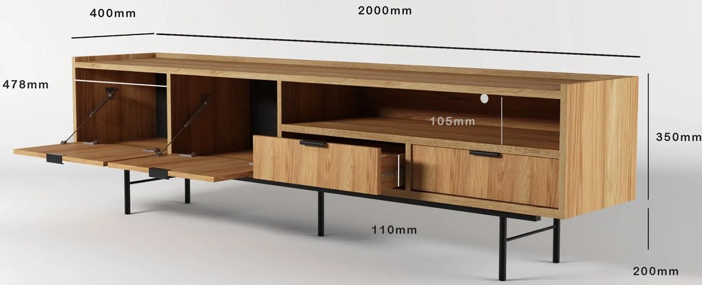 Długa szafka RTV na nóżkach 200 cm hikora naturalna C5-G98