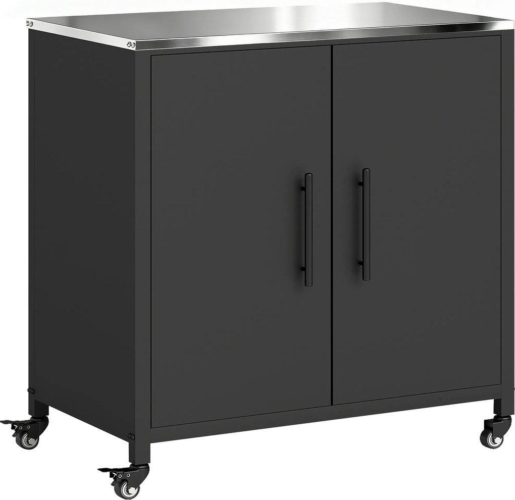 Outsunny Szafka ogrodowa z blatem do przesadzania, powierzchnią roboczą ze stali nierdzewnej, wyjmowaną półką, magnetycznymi drzwiami i kółkami | Aosom PL