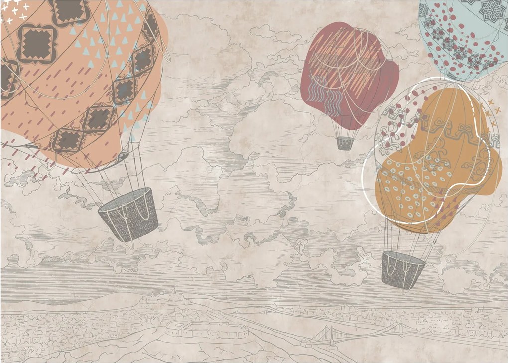 Obraz na szkle - Balony nad miastem, ciepłe odcienie (70x50 cm)
