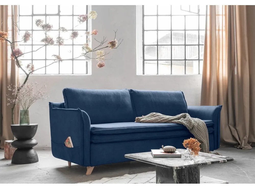 Ciemnoniebieska aksamitna rozkładana sofa 225 cm Charming Charlie – Miuform