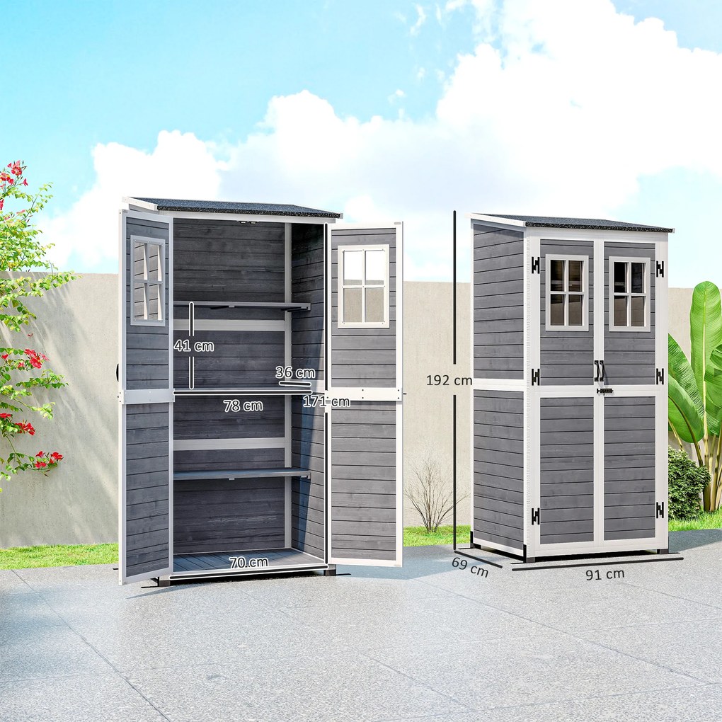 Outsunny Drewniany domek na narzędzia ogrodowe z 2 oknami, kotwami do gruntu, dachem z asfaltu, 91 x 69 x 192 cm, Sosna, Jasnoszary