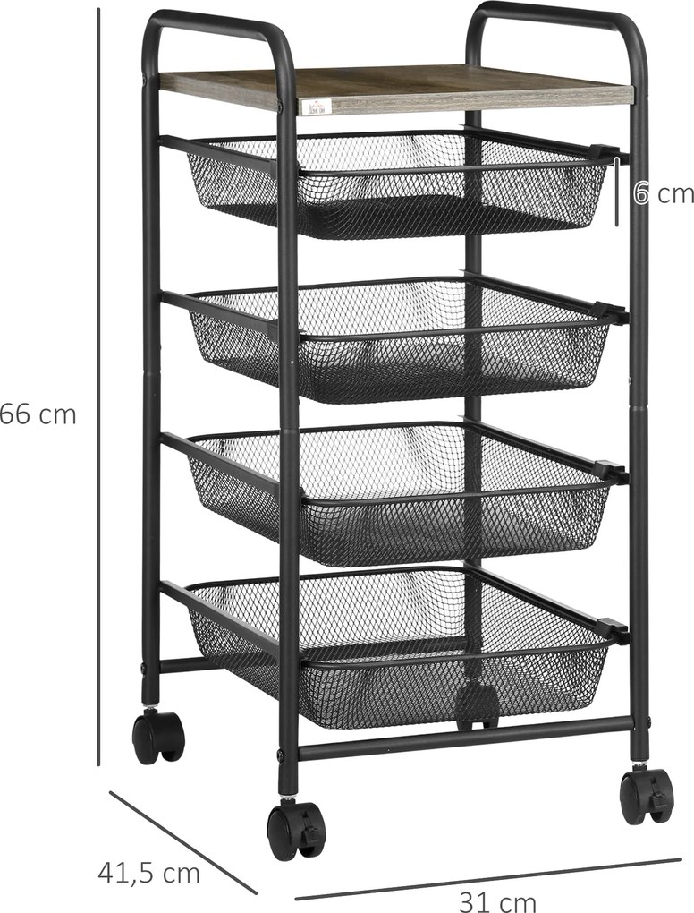 HOMCOM Wózek kuchenny na kółkach 4 kosze Stalowy regał przechowywania | Aosom PL