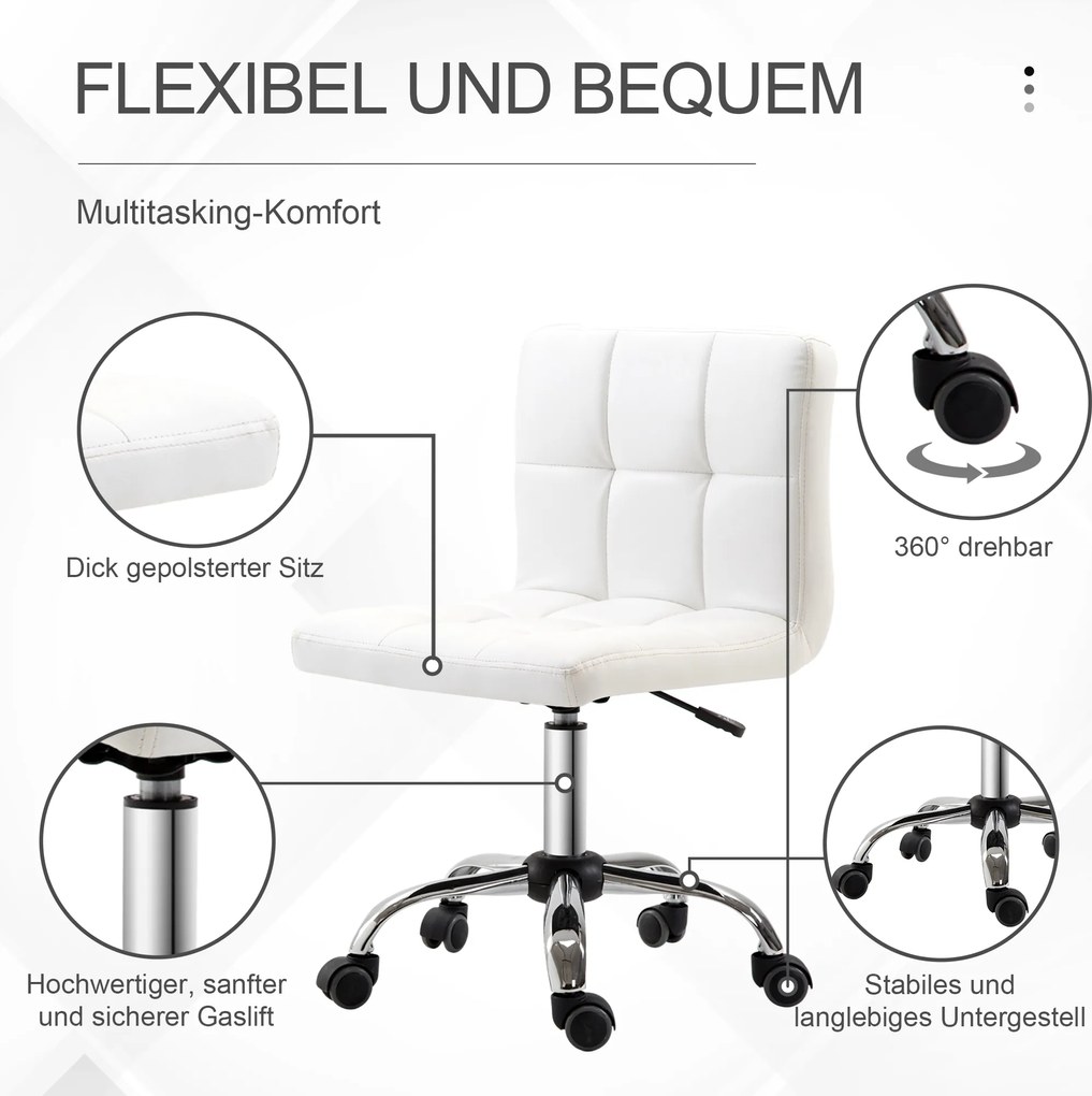 HOMCOM Krzesło Biurowe, Fotel Obrotowy, Skóra Ekologiczna, Konstrukcja ze Stali, 5 Kół, Wyściełane, Białe