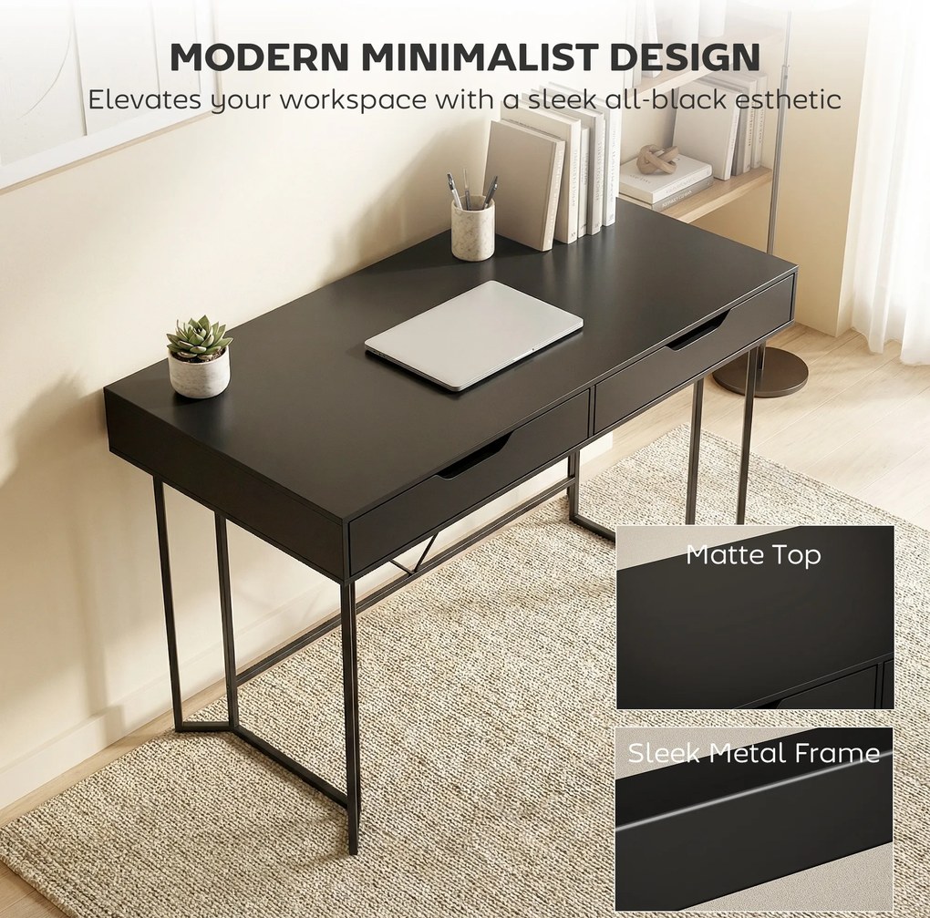 HOMCOM Małe Biurko Komputerowe z 2 Szufladami, Duży Blat Roboczy 120 x 60 x 77 cm, Czarny | Aosom PL