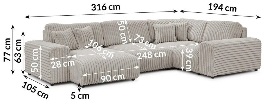 Jasnoszary sztruksowy narożnik (prawostronny/w kształcie litery U) Justin – Ropez